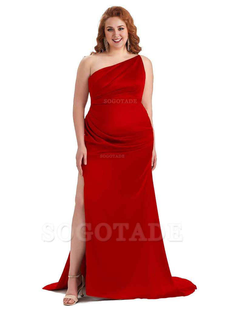 Sexy One Shoulder Side Slit Mermaid Soft Satin Long Plus Size Bridesmaid Dress For Wedding