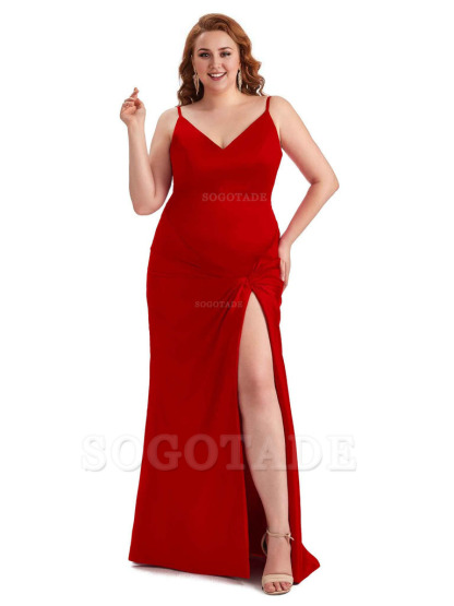 Sexy Spaghetti Straps V-neck Side Slit Mermaid Soft Satin Long Plus Size Bridesmaid Dress