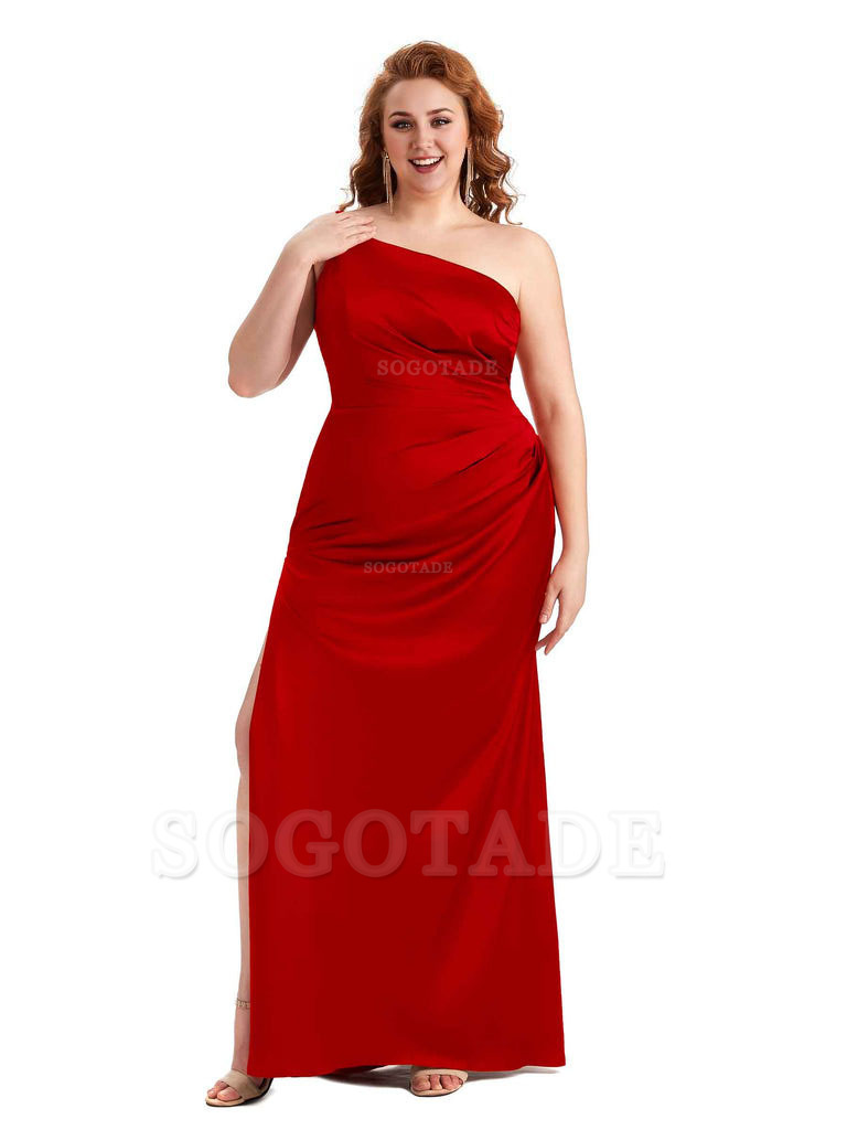 Sexy Side Slit One Shoulder Mermaid Soft Satin Long Plus Size Maid of Honour Dresses