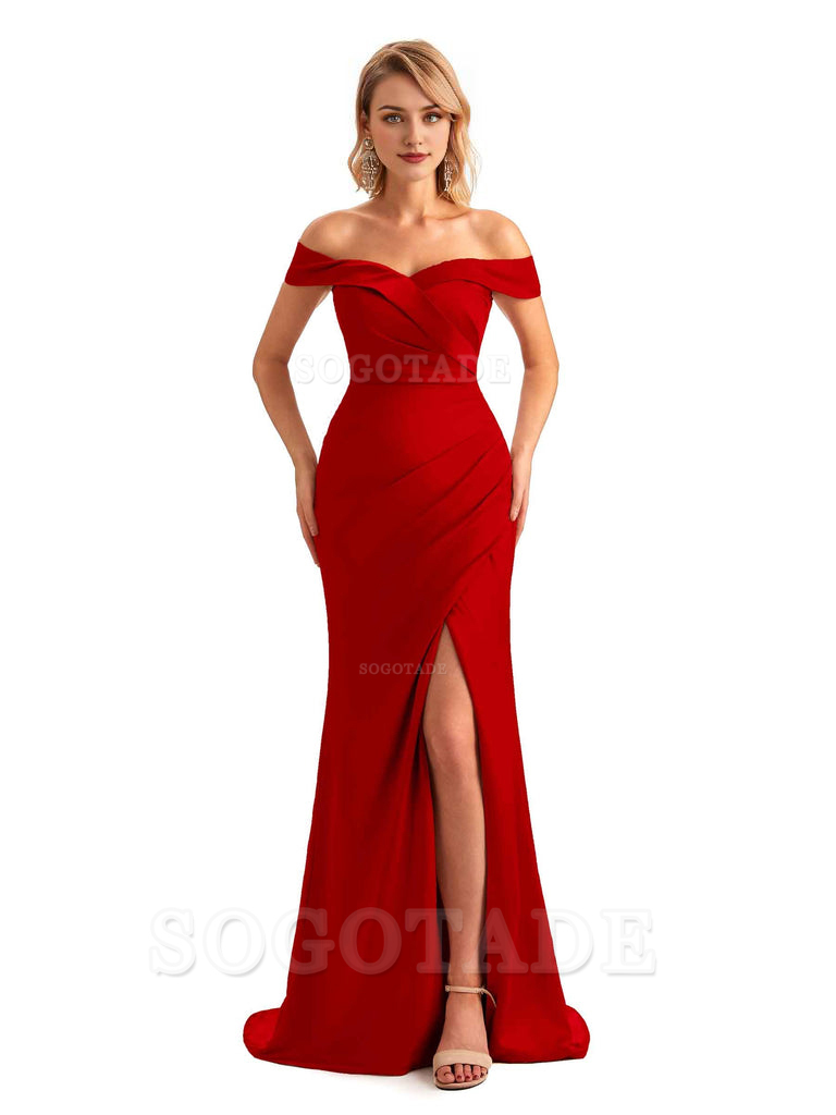 Off Shoulder Side Slit Mermaid Silky Satin Unique Long Formal Wedding Guest Dresses Online