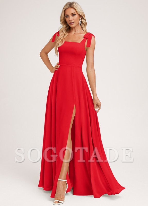 A-shaped square bow landing chiffon bridesmaid dress