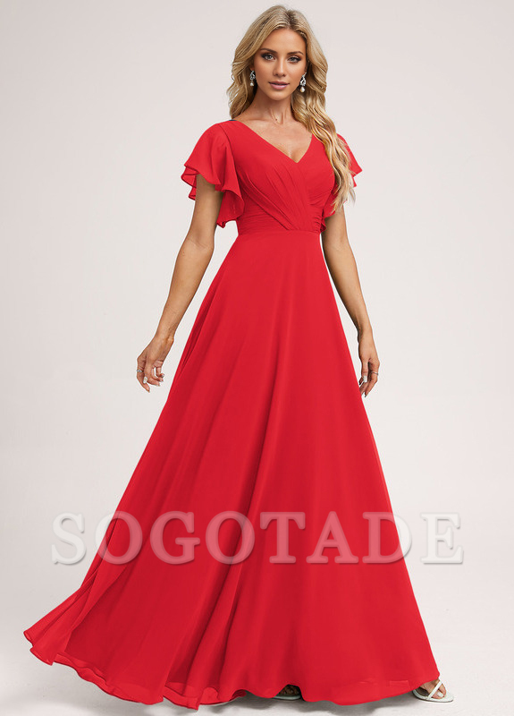 Ruffle A-line V-neck and floor chiffon bridesmaid dress