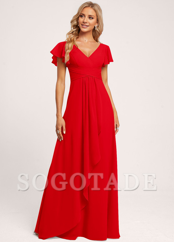 Ruffle A-line V-neck and floor chiffon bridesmaid dress