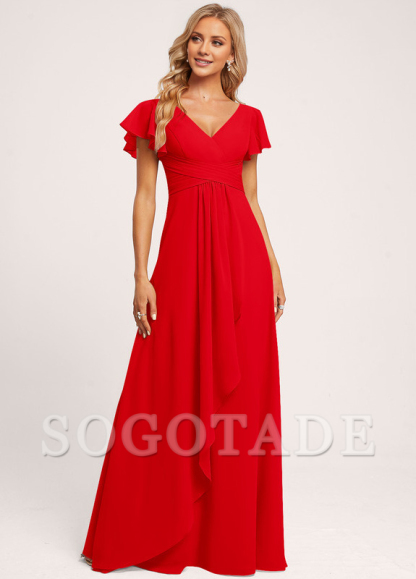 Ruffle A-line V-neck and floor chiffon bridesmaid dress
