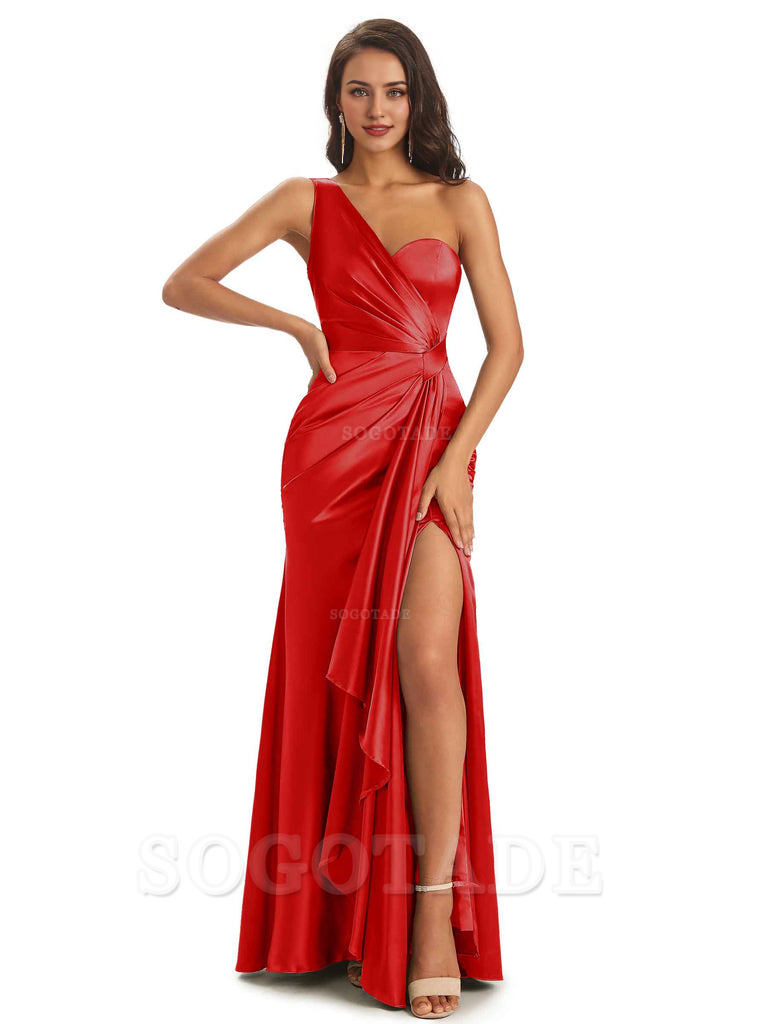 Elegant Soft Satin Side Slit One Shoulder Unique Mermaid Bridesmaid Dresses Online prom dresses shops