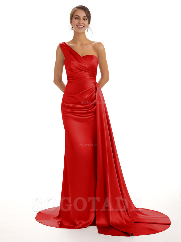 Elegant One Shoulder Soft Satin Unique Mermaid Long Bridesmaid Dresses Online prom dresses shops