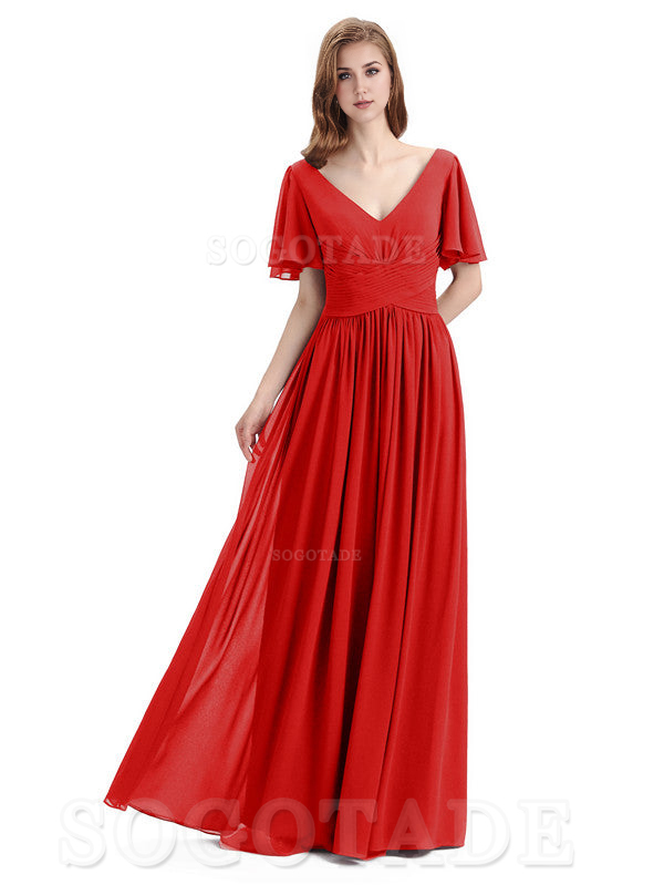 A-Line Chiffon Short Sleeves Elegant Floor-Length Bridesmaid Dresses Formal Women's Dresses Wedding Guests Dresses