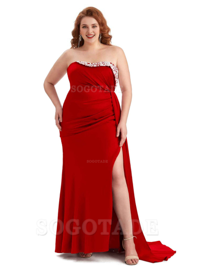 Sexy Side Slit Strapless Mermaid Lace Soft Satin Long Plus Size Maid of Honor Dresses