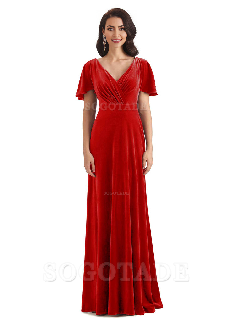 V-Neck Sexy See Through Short Sleeves Lace up Velvet Long Bridesmaid Dresses Formal Women's Dresses Wedding Guests Dresses