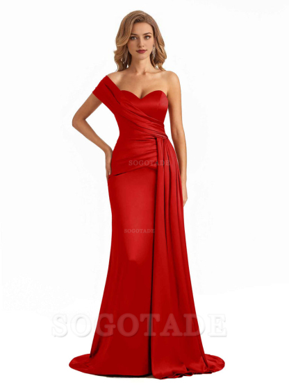 Elegant One Shoulder Soft Satin Long Mermaid Bridesmaid Dresses Online prom shop dresses ﻿