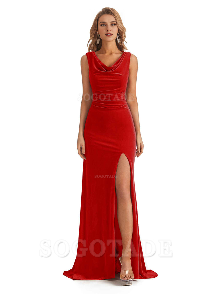 Sexy Mermaid Cowl Velvet Long Open Back Side Fork Bridesmaid Dresses Formal Wear Dresses