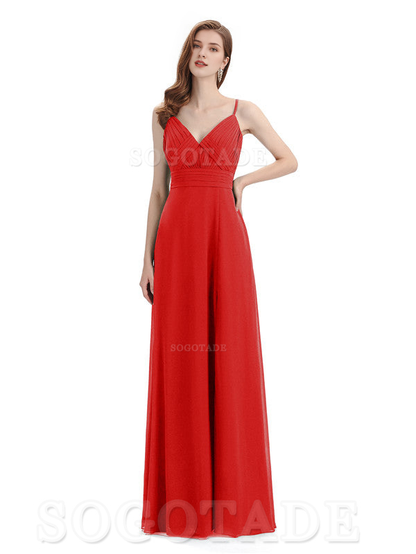 Chiffon V-Neck Spaghetti Strap Floor-Length Side Fork Long Bridesmaid Dresses Formal Women's Dresses Wedding Guests Dresses