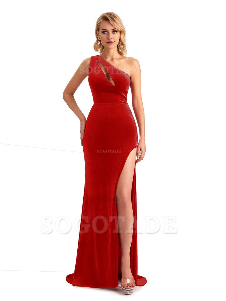 Sexy Sleeveless Floor Length Mermaid One Shoulder Side Slit Velvet Long Bridesmaid Dresses