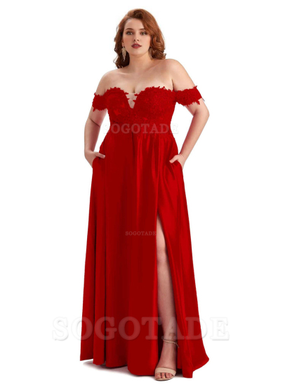 Off Shoulder Side Slit Lace Soft Satin Long Plus Size Bridesmaid Dresses For Wedding