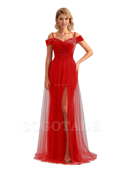 Elegant Mermaid Spaghetti Straps Floor Length Cold Shoulder Side Slit Tulle Velvet Long Bridesmaid Dresses