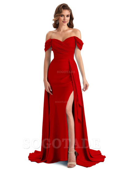 Sexy Side Slit Mermaid Soft Satin Off The Shoulder Long Unique Bridesmaid Dresses prom dress in store