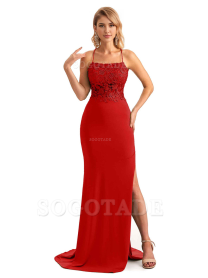 Sexy Side Slit Spaghetti Straps Open Back Mermaid Lace Applique Long Formal Bridesmaid Dresses