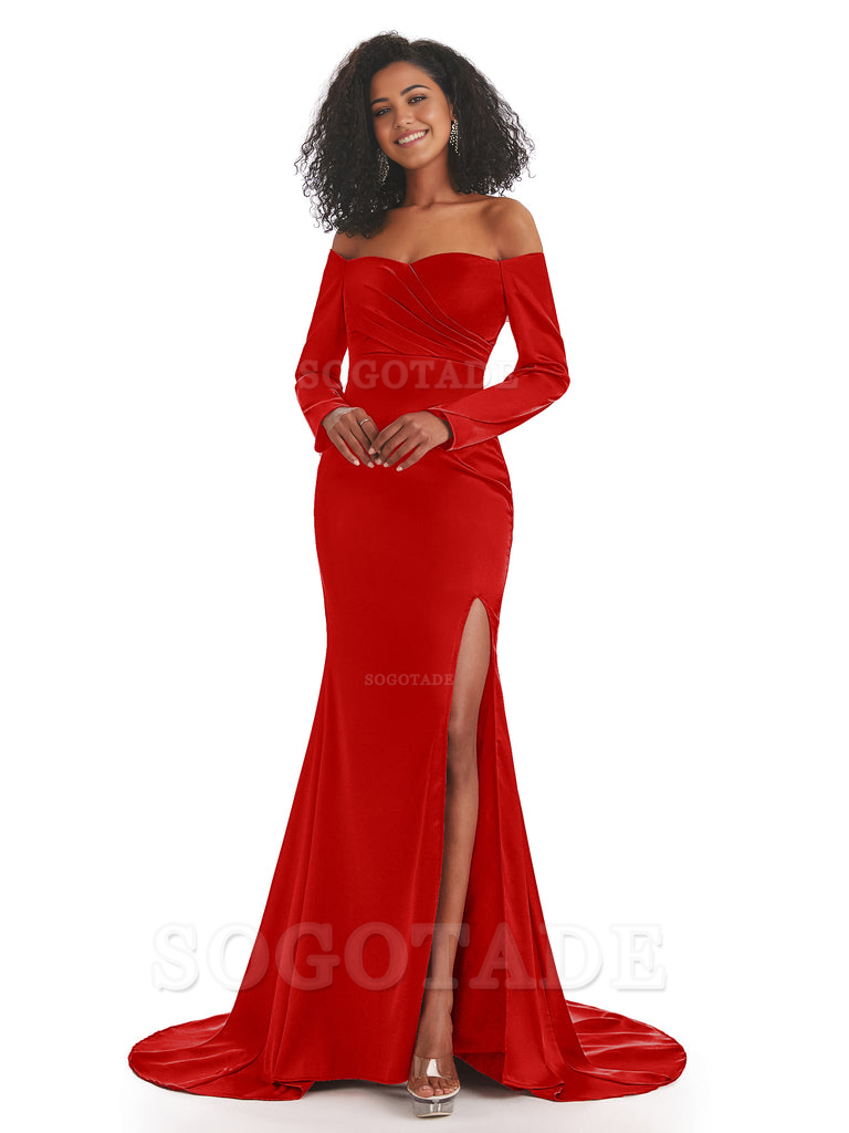 Mermaid Long Sleeve Satin formal dresses evening gown Bridesmaid Dresses With Side Slit 