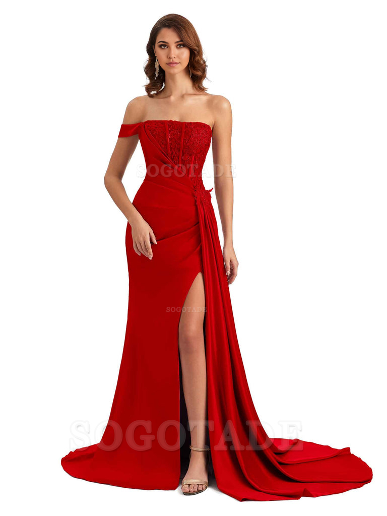 Mermaid Off Shoulder Applique formal dresses evening gown Bridesmaid Dresses With Side Slit 
