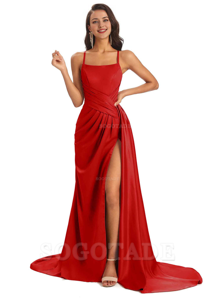 Sexy Soft Satin Side Slit Spaghetti Straps Long Maxi Bridesmaid Dresses prom shop dresses