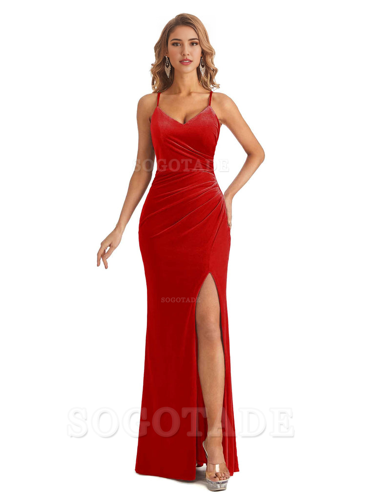 Elegant Mermaid Spaghetti Straps V-Neck Velvet Side Slit Long Bridesmaid Dresses Bridesmaid Dresses Formal Wear Dresses