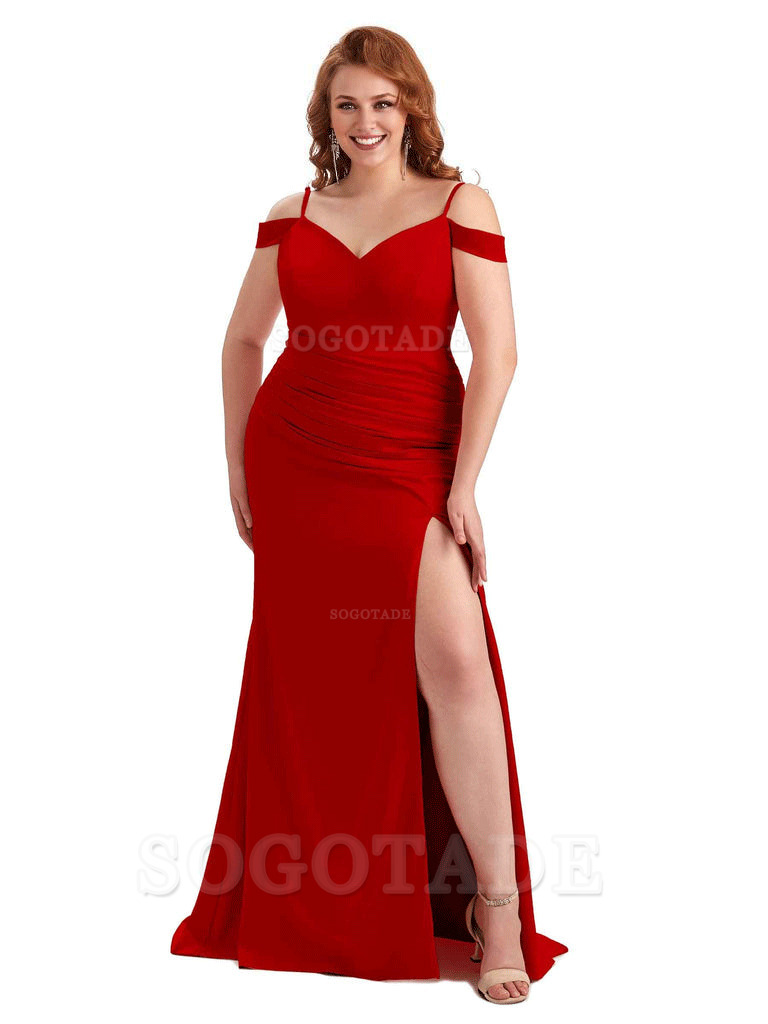 Sexy Side Slit Mermaid Cold Shoulder Soft Satin Long Plus Size Bridesmaid Dresses Online