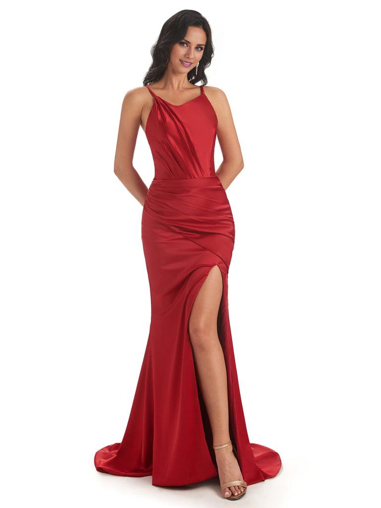 Sexy Satin Side Slit Spaghetti Straps Asymmetric Neckline Maxi Mermaid Bridesmaid Dresses Elegant Evening Party Dress