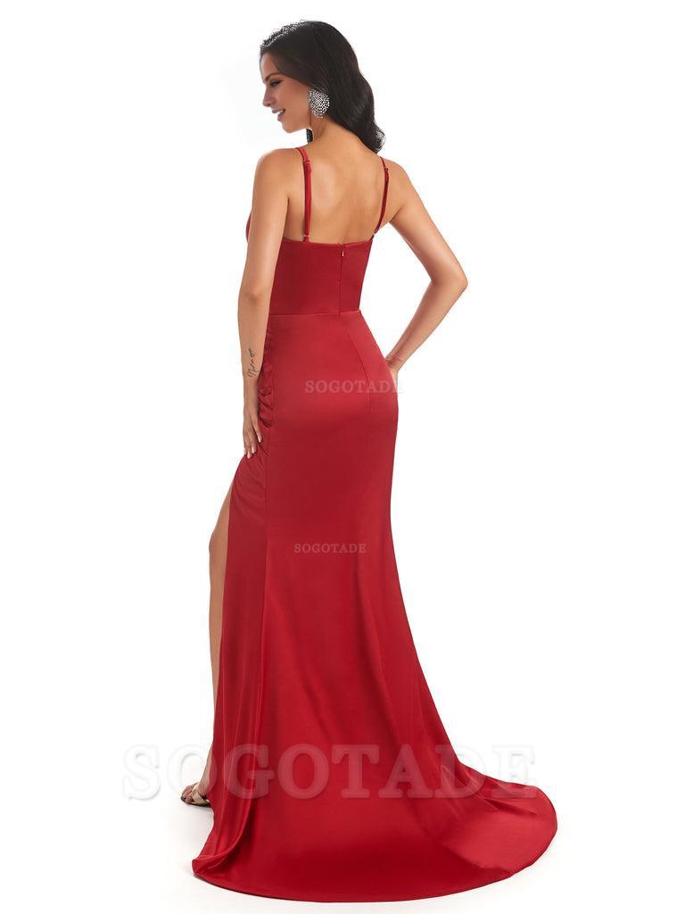 Sexy Satin Side Slit Spaghetti Straps Asymmetric Neckline Maxi Mermaid Bridesmaid Dresses Elegant Evening Party Dress