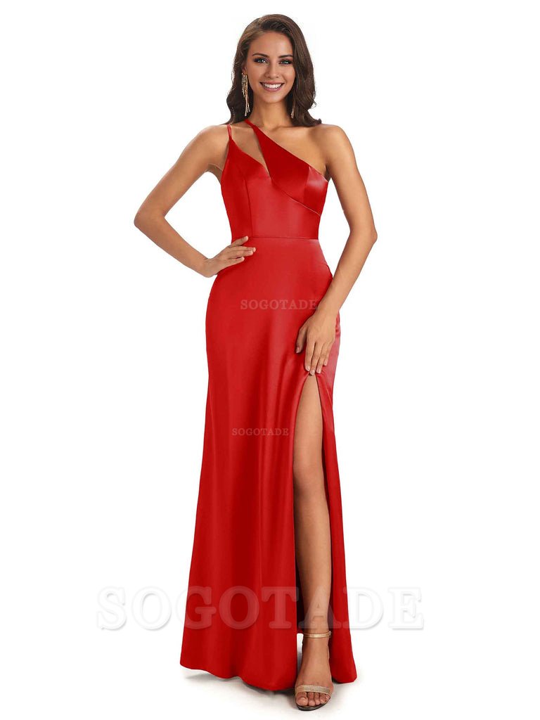 Sexy Soft Satin Side Slit One Shoulder Floor-Length Mermaid Long Bridesmaid Dresses Elegant Evening Party Dress