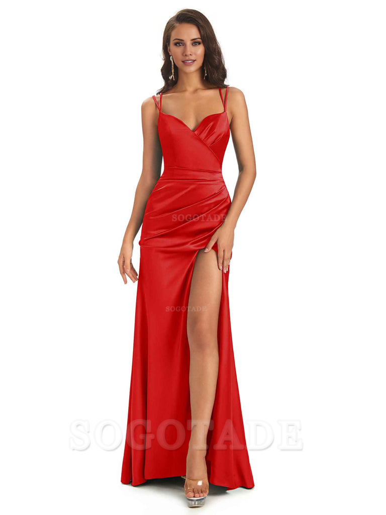 Sexy Soft Satin Side Slit Spaghetti Straps Long Maxi Mermaid Bridesmaid Dresses Elegant Evening Party Dress