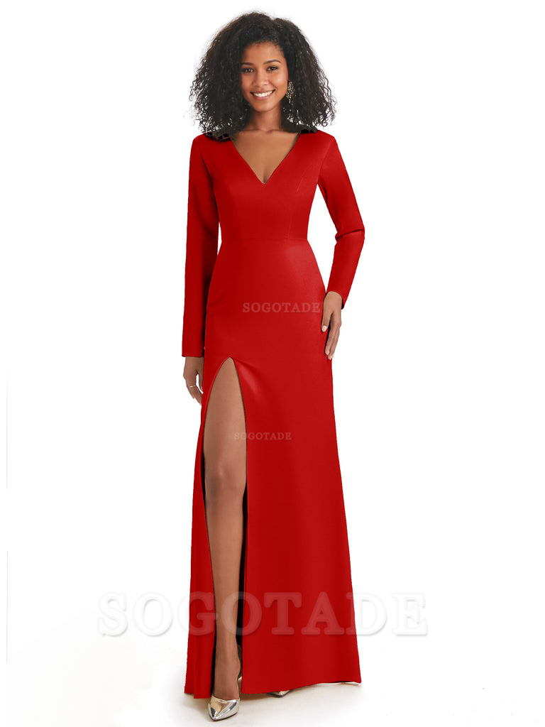 Soft Satin Side Slit Long Sleeves V-Neck Long African Mermaid Bridesmaid Dresses Elegant Evening Party Dress