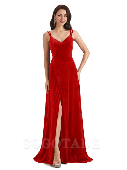 Sexy Velvet Long Bridesmaid Dresses Spaghetti Straps Open Back with Side Slit