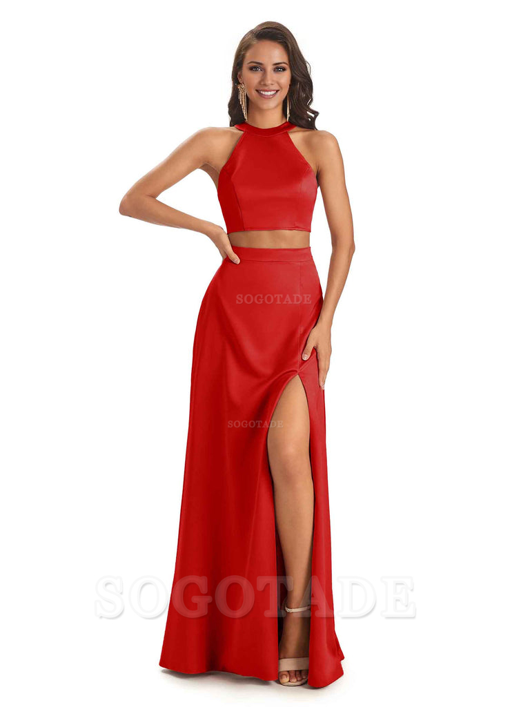 Soft Satin Two-Pieces Halter Side Slit Sexy Fashion Bridesmaid Dresses Charming Evening Party Dress