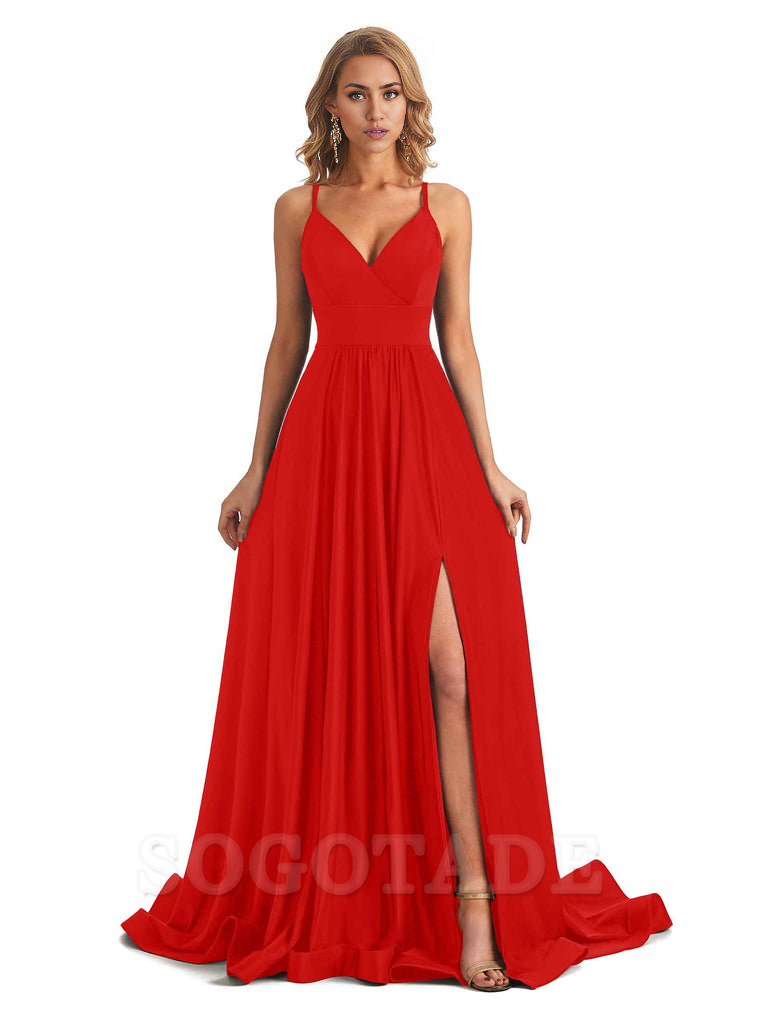 Elegant Spaghetti Straps A-Line Long Formal Bridesmaid Dresses With Side Slit Stretchy Jersey Elegant Evening Party Dress