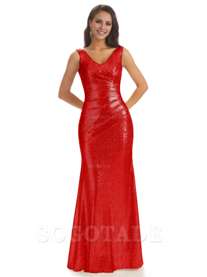Sexy Sequin V-Neck Sparkly Long Mermaid Bridesmaid Dresses Charming Evening Party Dress