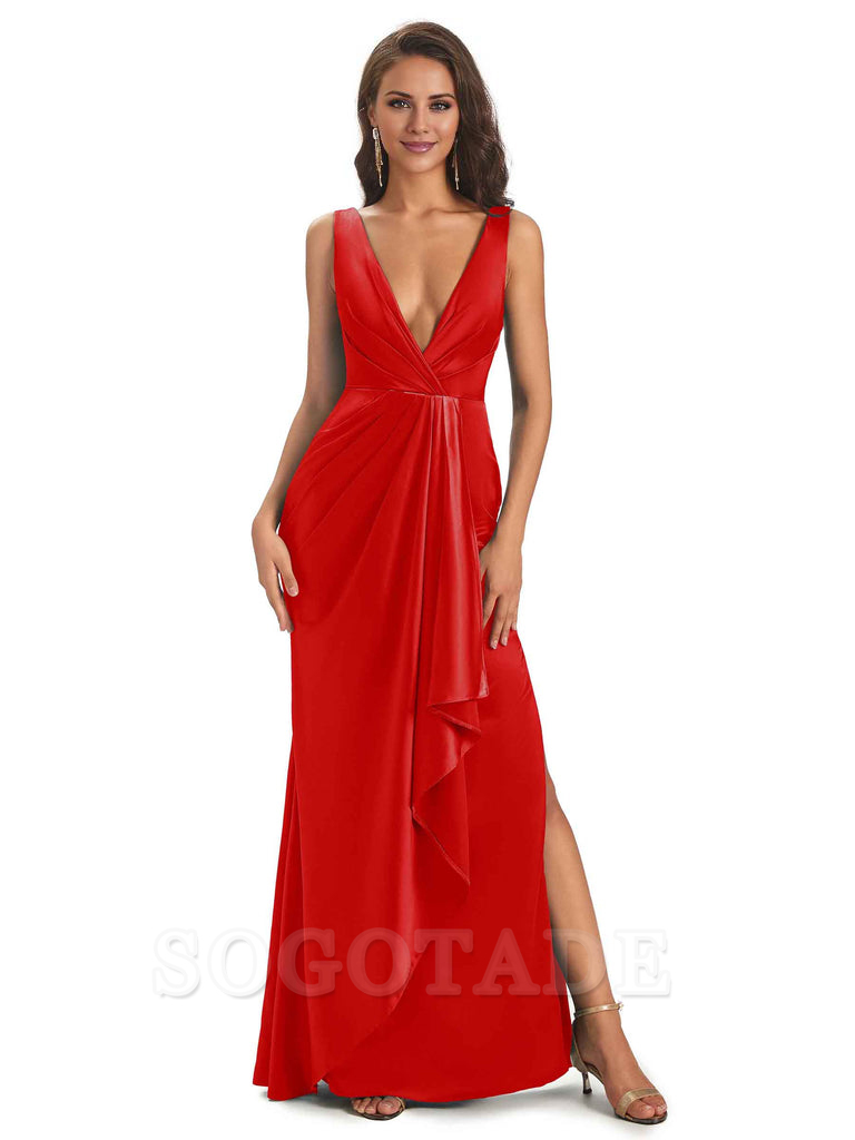 Sexy Satin V-Neck Floor-Length Long Bridesmaid Dresses with Side Slit Elegant Evening Party Dress