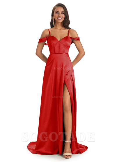 Stylish Soft Satin Side Slit Spaghetti Straps Bridesmaid Dresses Elegant Evening Party Dress