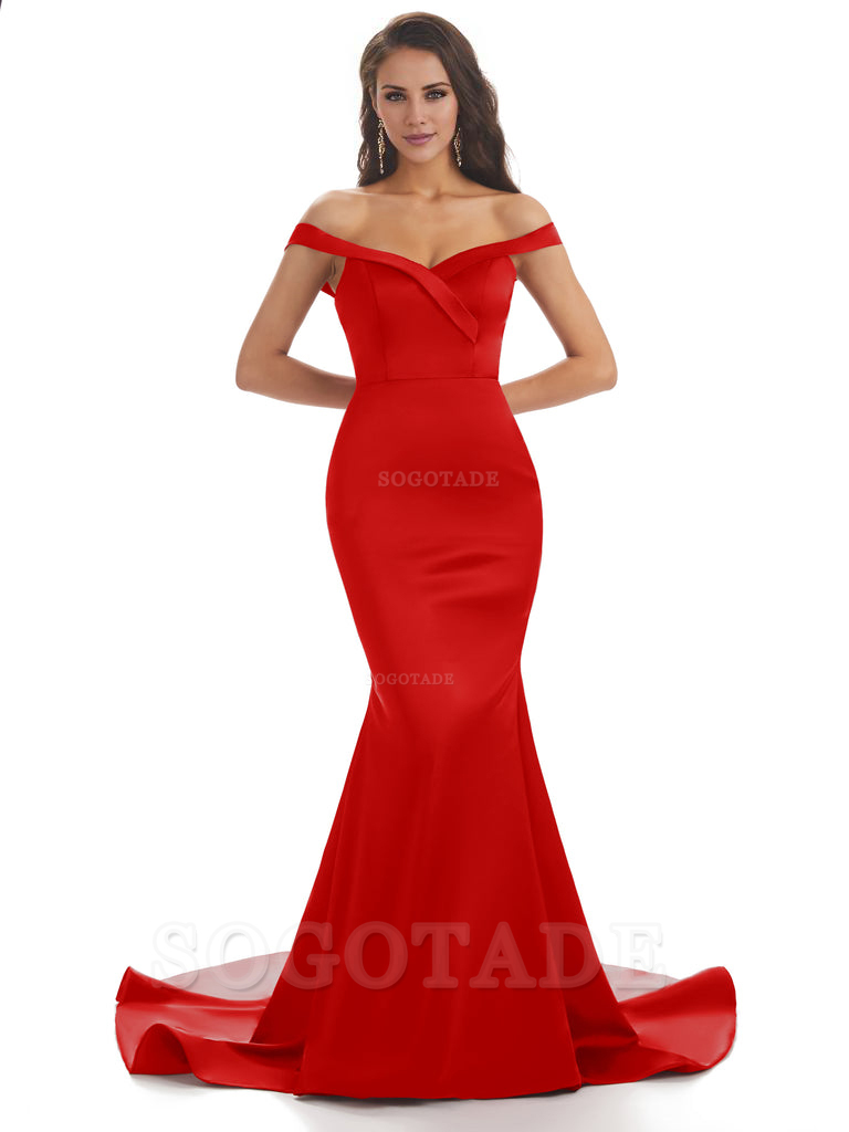 Elegant Off The Shoulder Soft Satin Mermaid Long Bridesmaid Dresses Charming Evening Party Dress