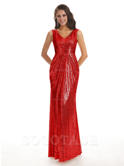 Sparkly V-Neck Sequin Long Mermaid Bridesmaid Dresses Sleeveless Charming Evening Party Dress