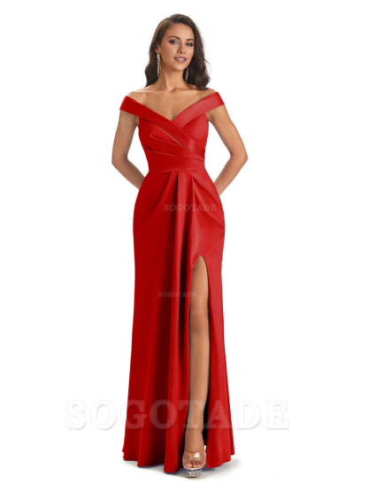 Sexy Soft Side Slit Off Shoulder V-Neck Long Satin Ladies Bridesmaid Dresses Elegant Evening Party Dress