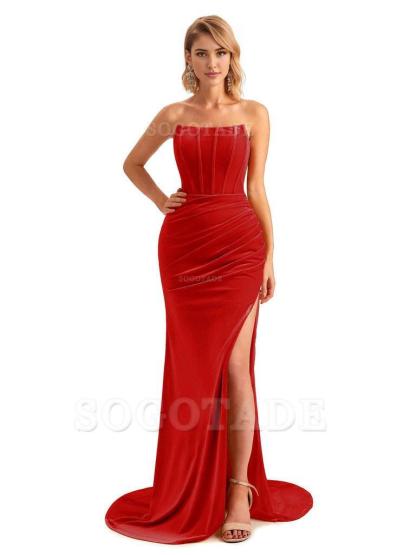  Sexy Side Hight Slit Sleeveless Mermaid Strapless Velvet Long Bridesmaid Dresses Online