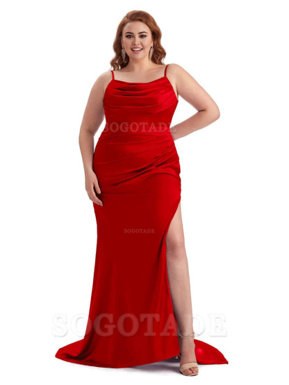 Sexy Jewel Side Slit Mermaid Soft Satin Long Plus Size Bridesmaid Dress For Wedding
