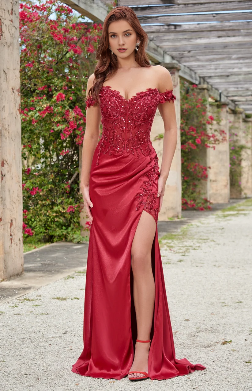 Floral embroidery tight corset with lace up back and floor length dress