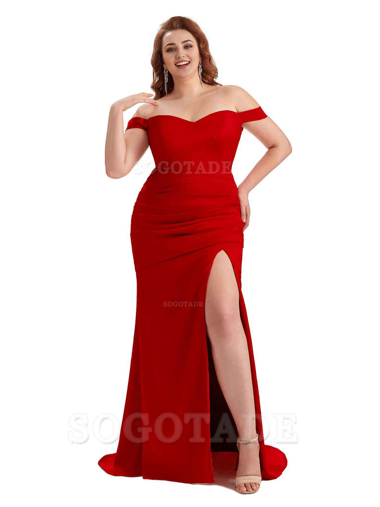 Sexy Mermaid Off The Shoulder Side Slit Soft Satin Long Plus Size Wedding Party Dresses