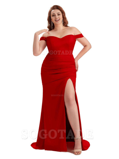 Sexy Mermaid Off The Shoulder Side Slit Soft Satin Long Plus Size Wedding Party Dresses