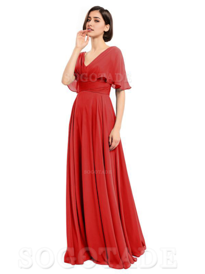  V-Neck Cap Sleeves Sleeves Chiffon Long Elegant Bridesmaid Dresses Formal Wear Dresses