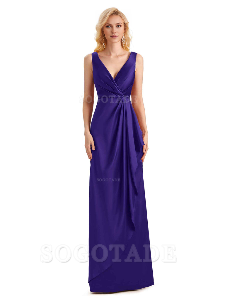 V Neck Elegant Soft Satin Formal Long Maid Bridesmaid Dresses Formal Wear Dresses
