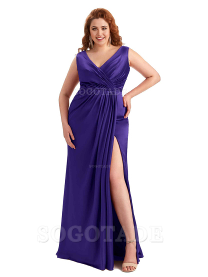 Mermaid V-Neck Satin formal dresses evening gown Bridesmaid Dresses With Side Slit 