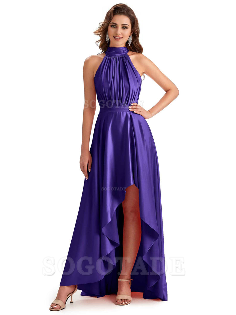 Soft Satin High Neck High Low A-Line Unique Bridesmaid Dresses Online