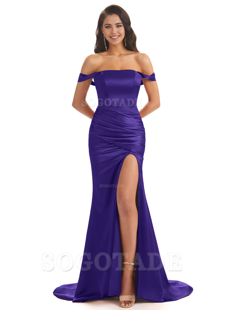 Mermaid Off Shoulder Floor-Length Satin formal dresses evening gown Bridesmaid Dresses With Side Slit 